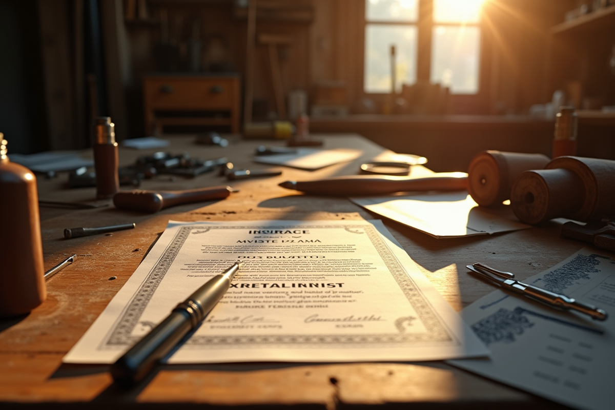 Planche de bois outils artisanaux certificat et stylo