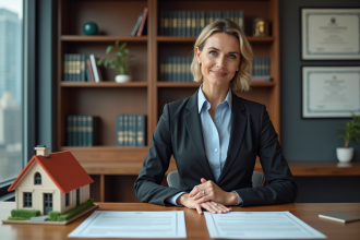 Femme professionnelle examine un contrat de mortgage dans un bureau moderne