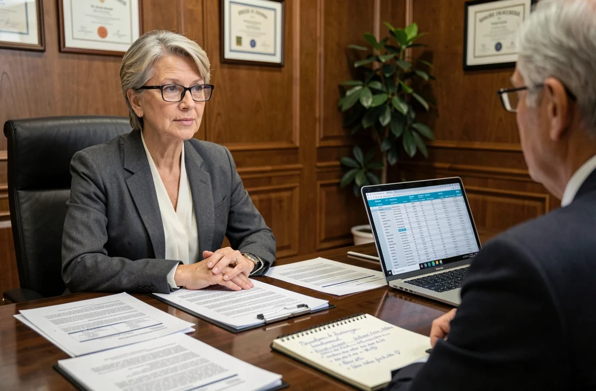 Avocate immobilière expliquant une procédure de faillite à un client autour de contrats juridiques