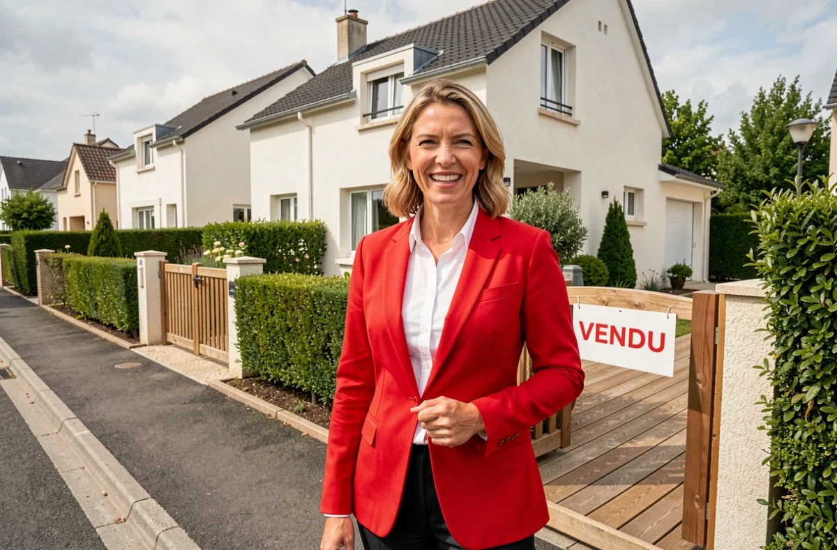 Agent AXO L'Immobilier Actif devant une maison pavillonnaire vendue en Loire-Atlantique avec panneau Vendu visible