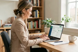 Bailleuse consultant son espace MyFoncia mon compte copropriété sur un ordinateur portable dans un bureau à domicile