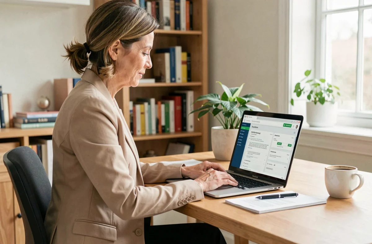 Bailleuse consultant son espace MyFoncia mon compte copropriété sur un ordinateur portable dans un bureau à domicile