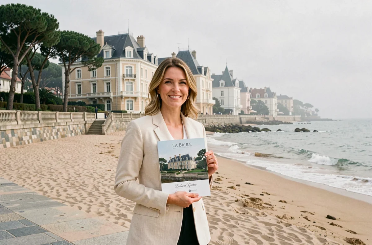 Spécialiste de l'immobilier de luxe Barnes La Baule sur la promenade face à l'océan avec les villas Belle Époque en arrière-plan