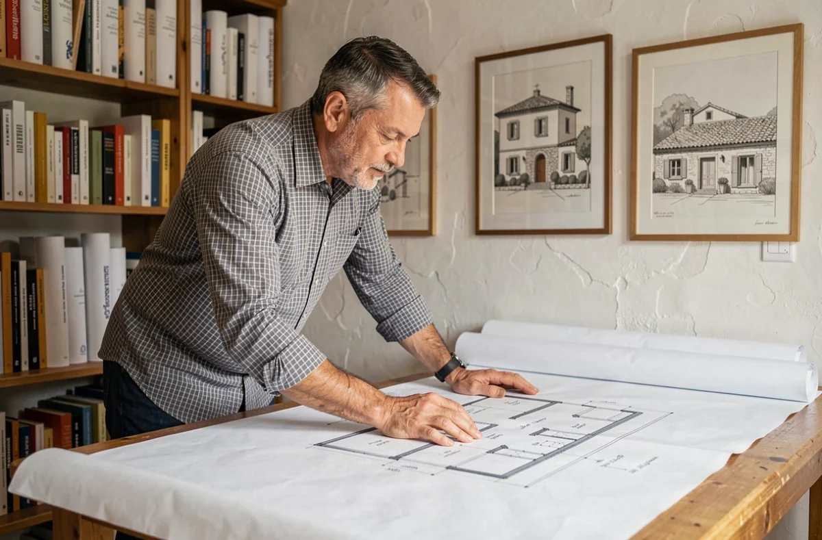 Architecte Bernard Revelli dessinant des plans de maison individuelle adaptés au style traditionnel corse