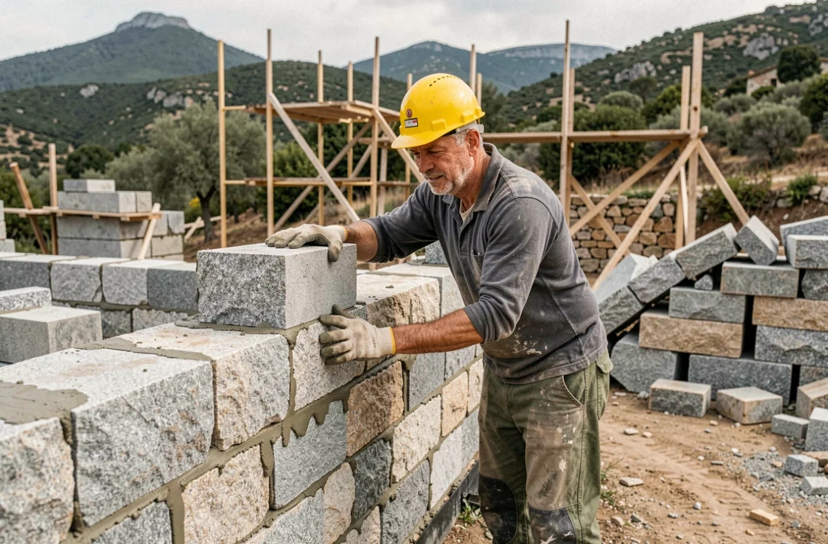 Ouvrier de Biancardini Construction posant des blocs de pierre granitique sur un chantier en Haute-Corse
