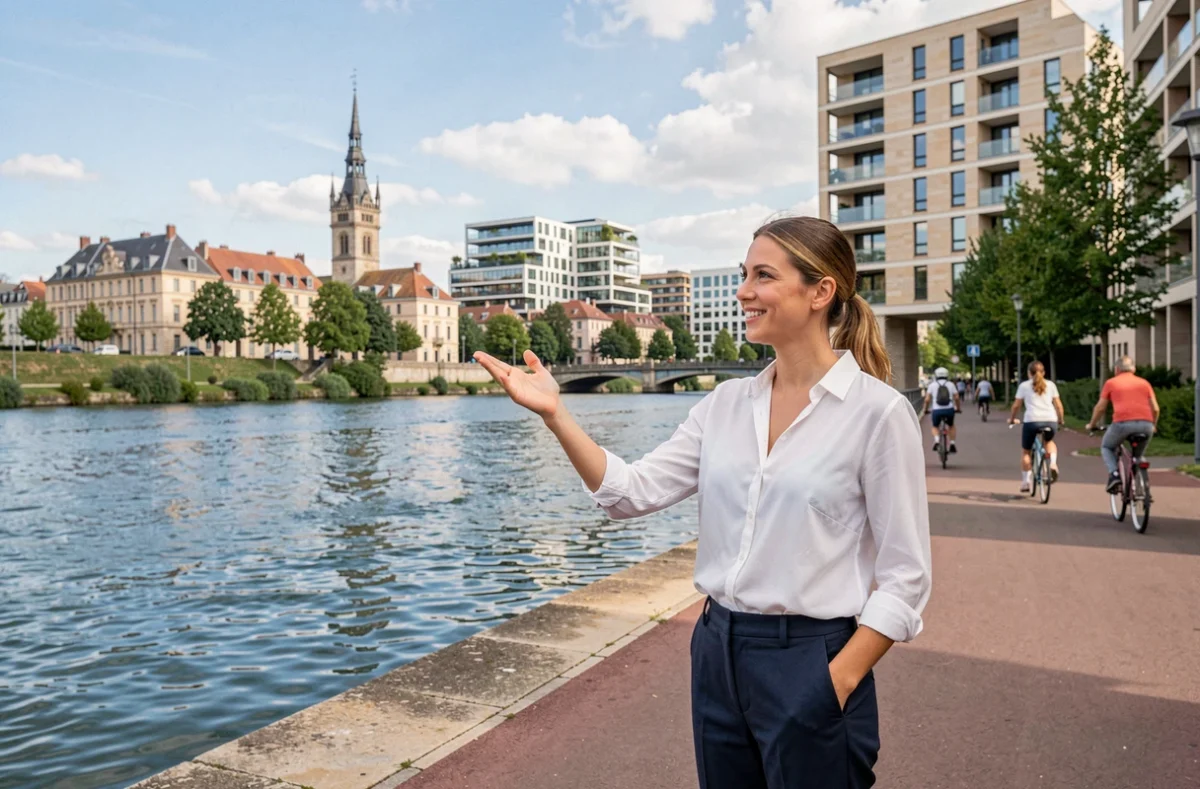 Agent de l'agence Biens à Nantes présentant un immeuble moderne en bord de Loire avec la skyline nantaise en arrière-plan