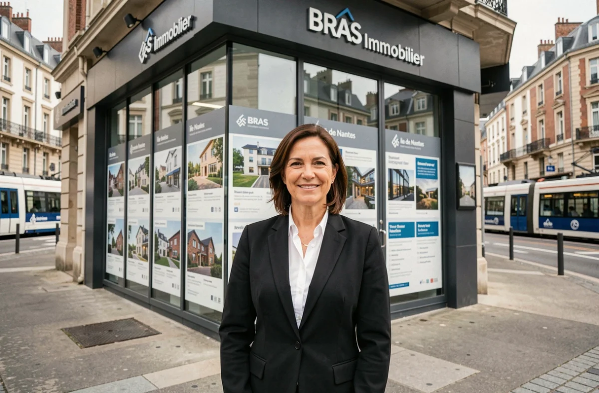 Consultante BRAS Immobilier Nantes devant la vitrine de l'agence sur l'Île de Nantes avec annonces immobilières visibles