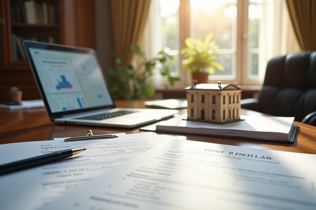 Bureau avec documents fiscaux et contrat immobilier pour investissement