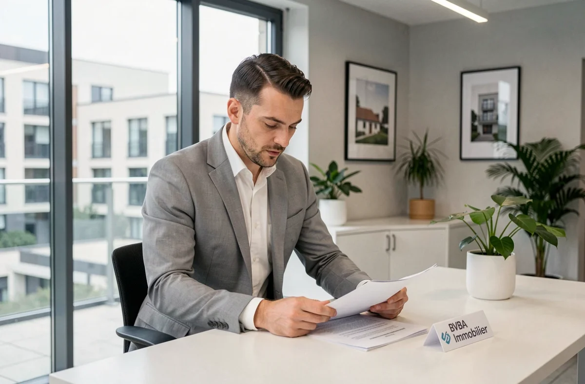 Consultant de l'agence BVBA Immobilier dans un bureau moderne et épuré, examinant des documents immobiliers