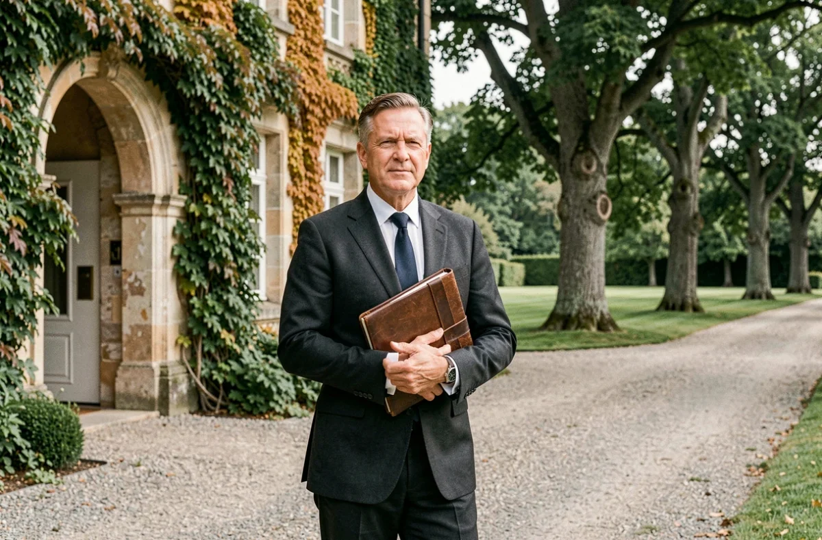 Agent du Cabinet Le Nail devant un manoir en pierre typique de la Vendée, illustrant l'expertise en propriétés rurales et viticoles