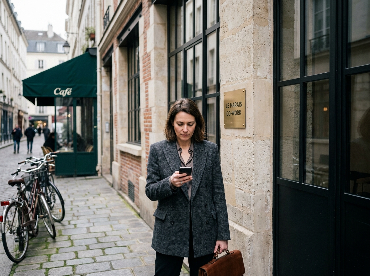 Cadre professionnelle devant un espace de coworking dans un immeuble historique du 3e arrondissement