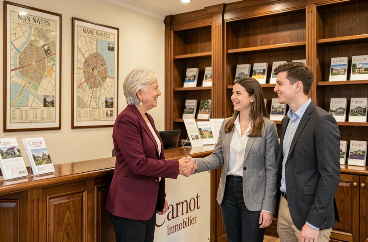 Directrice de Carnot Immobilier accueillant de nouveaux clients dans l'agence décorée de cartes vintage de Nantes