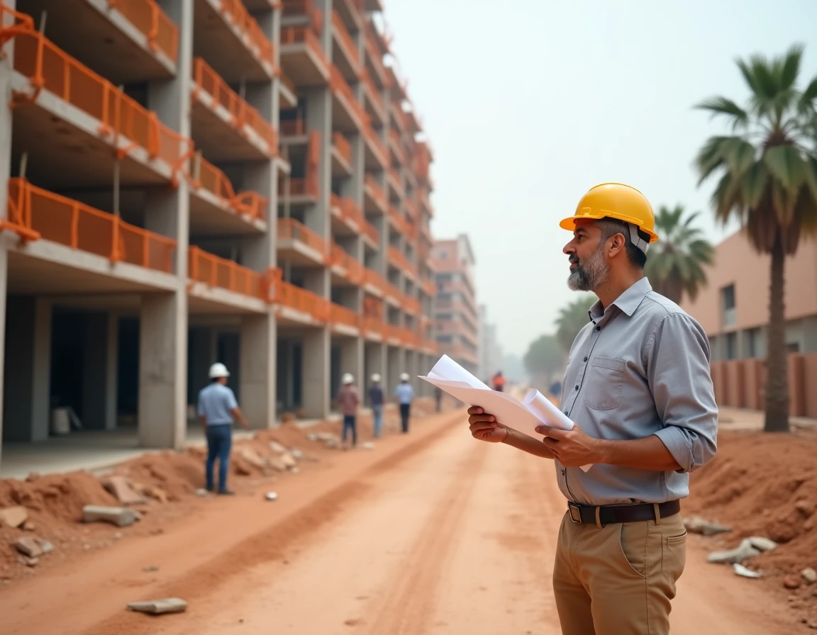 Investisseur immobilier devant un chantier de construction résidentielle dans le quartier Hivernage de Marrakech avec immeubles en cours d'édification
