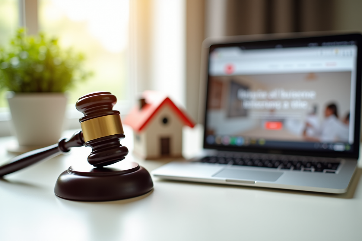 Marteau de juge avec une petite maison et un ordinateur sur Airbnb