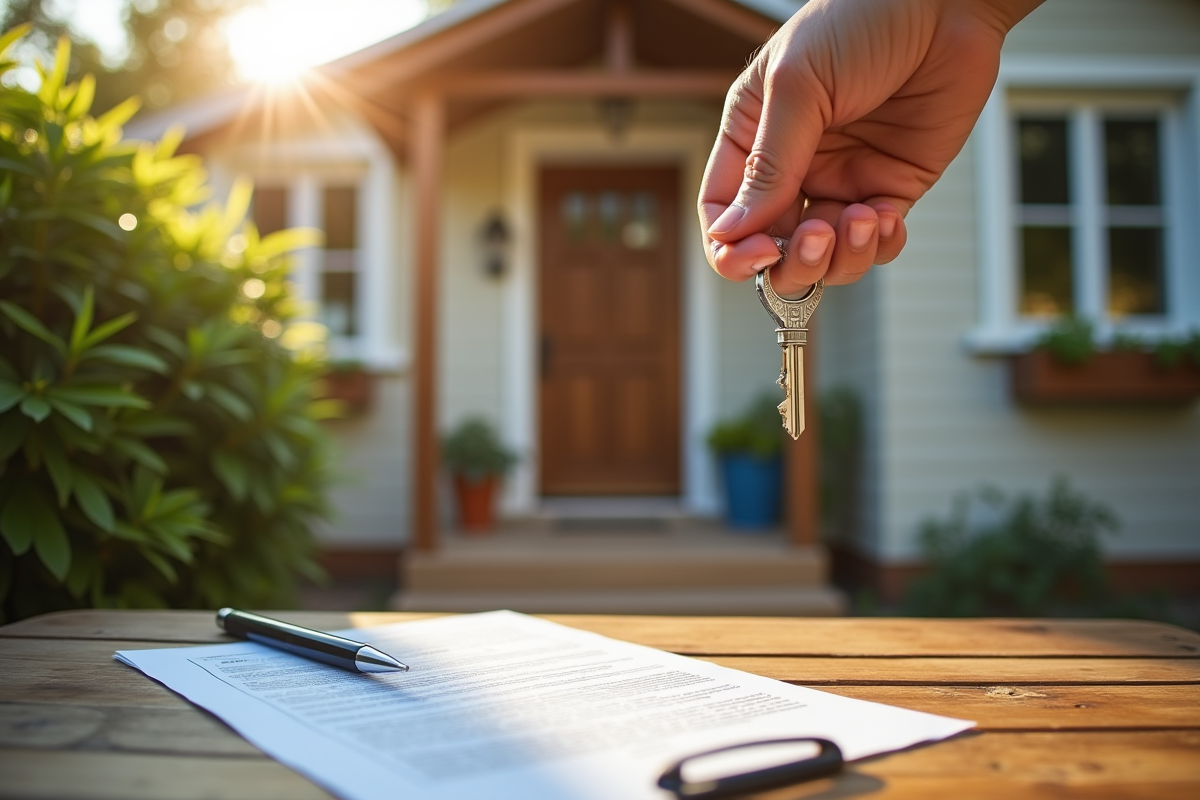 Main tenant une clé devant une maison de vacances charmante