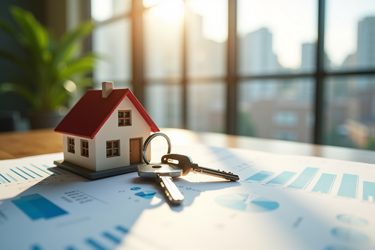Clés de maison et modèle réduit avec graphiques et environnement lumineux