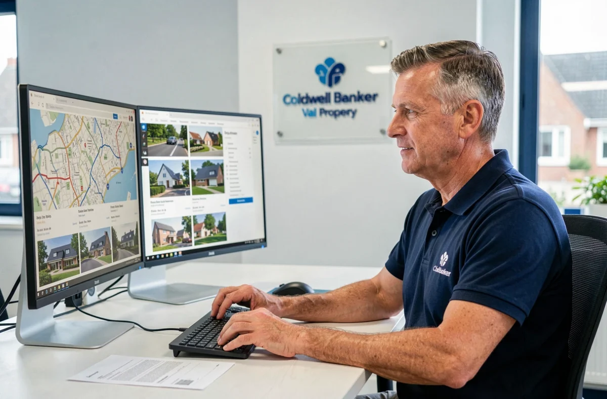 Courtier Coldwell Banker Val Property dans son bureau moderne avec cartes immobilières régionales sur écrans