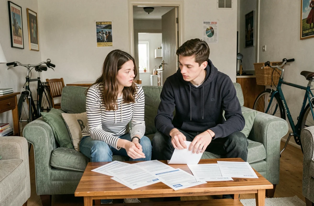 Deux colocataires étudiants discutant d'une assurance habitation en colocation