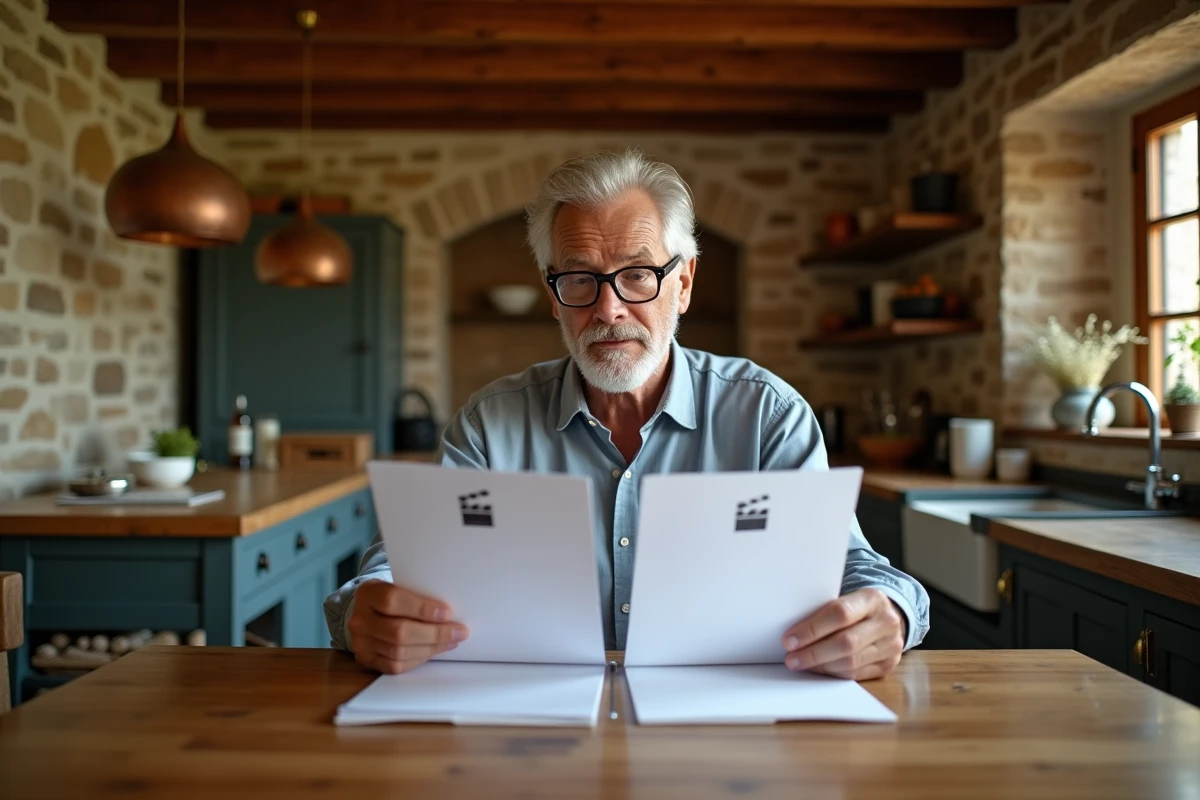 Propriétaire comparant les contrats de location pour tournage publicitaire et cinématographique dans une cuisine de maison de campagne