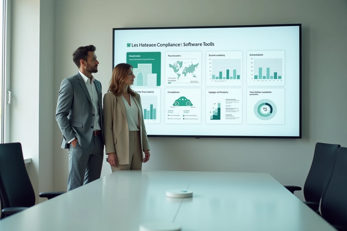 Deux professionnels comparant des outils ERP concurrents sur un écran de salle de réunion