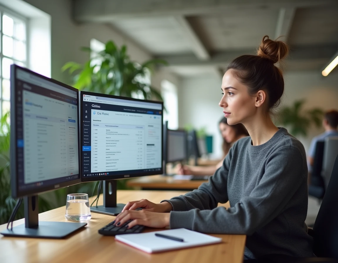 Gestionnaire de locations courte durée comparant des extranets de gestion de gîtes sur un écran d'ordinateur dans un espace de coworking