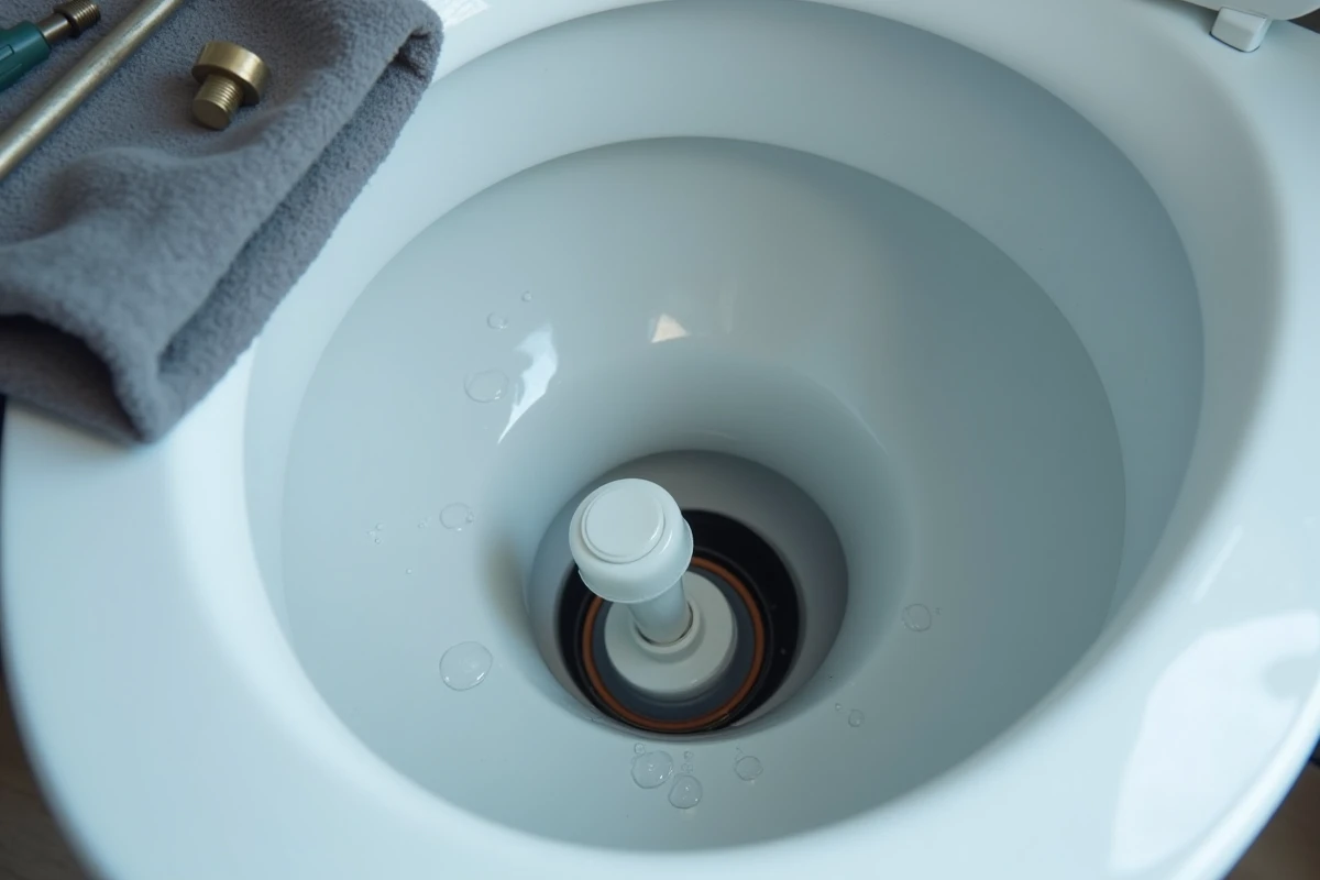 Gros plan sur les composants d'un robinet flotteur de chasse d'eau démonté avec outils de plomberie