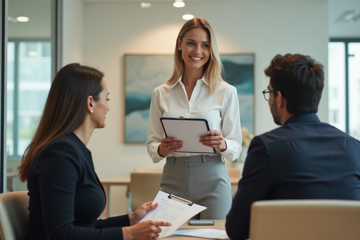 Conseillère bancaire remettant un formulaire à un couple