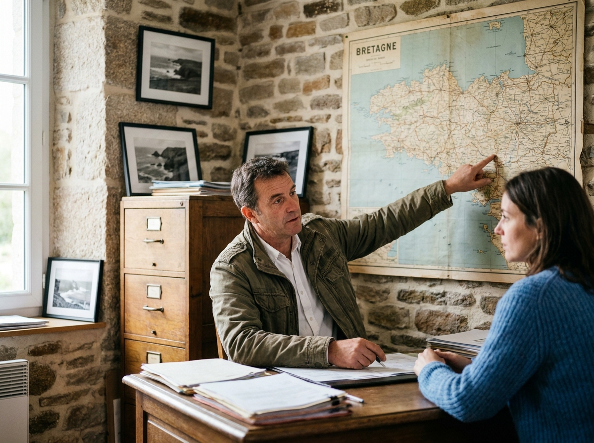 Conseiller immobilier local expliquant une carte de Bretagne à une cliente dans une agence aux murs en pierre