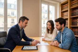 Conseiller immobilier expliquant un contrat d'investissement locatif meublé à un jeune couple dans un bureau parisien
