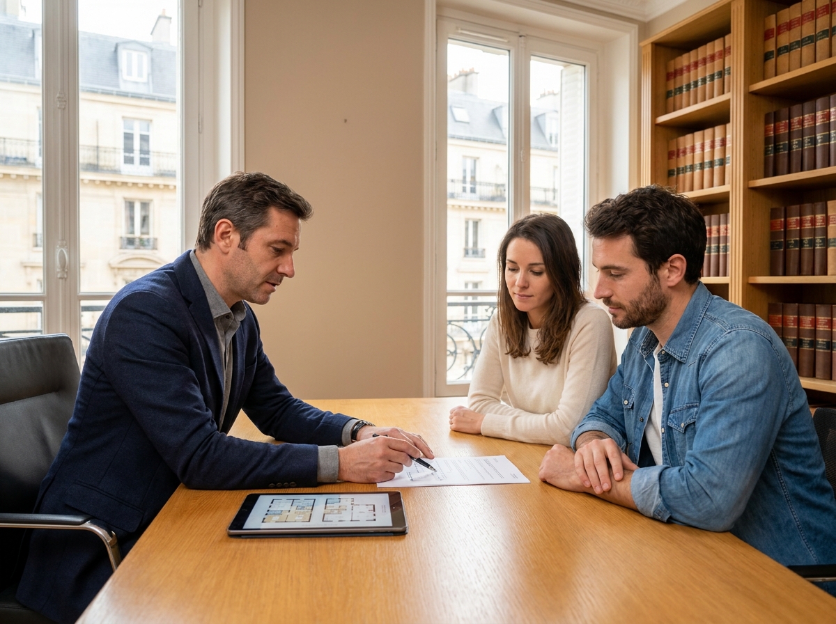Conseiller immobilier expliquant un contrat d'investissement locatif meublé à un jeune couple dans un bureau parisien