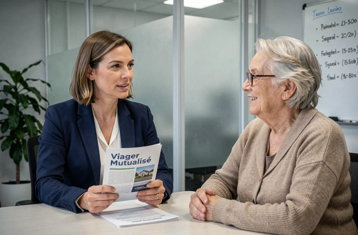 Conseillère financière expliquant le viager mutualisé à une femme âgée dans un bureau professionnel