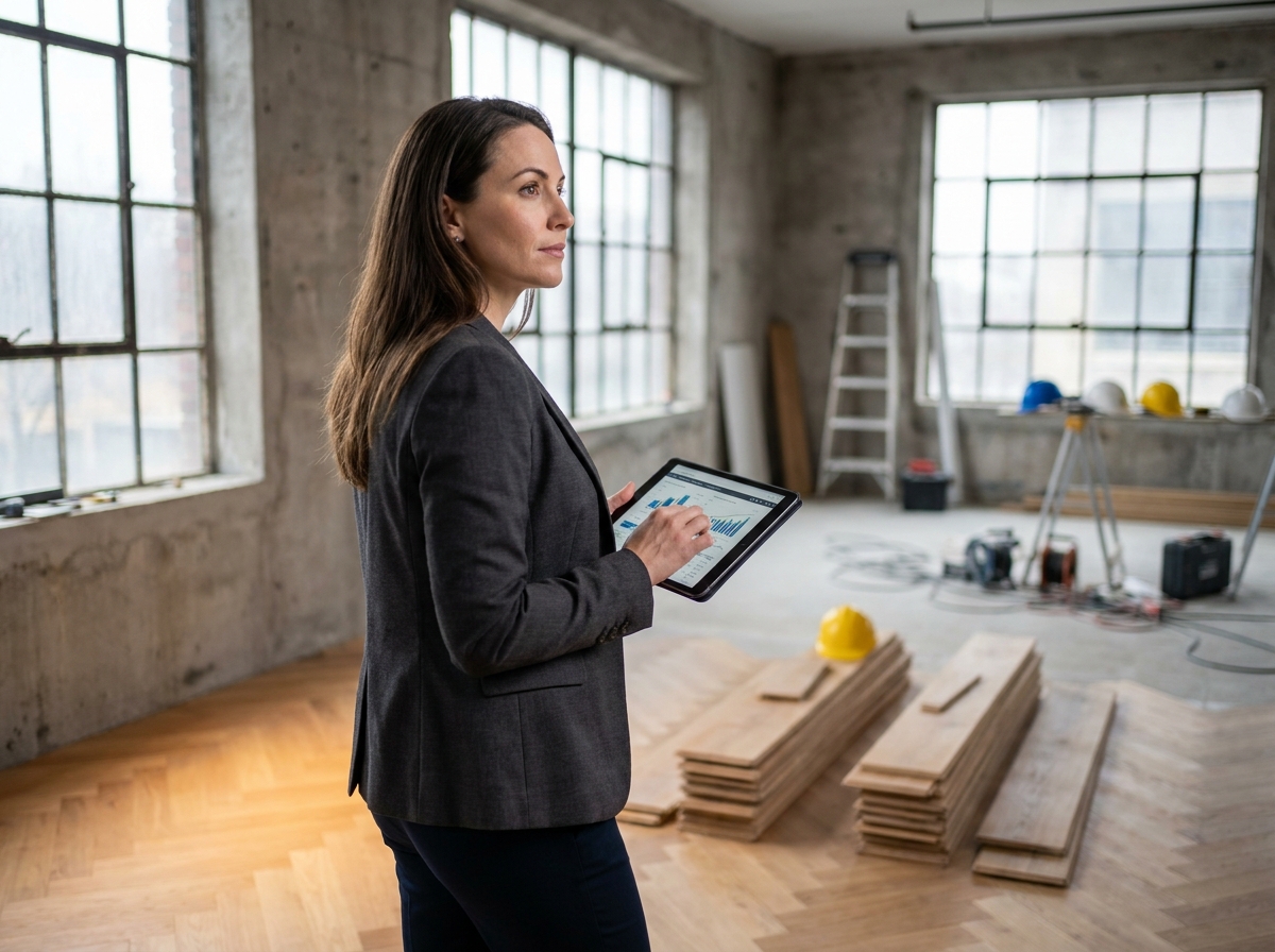 Conseillère en investissement immobilier inspectant un appartement haut de gamme en rénovation avec une tablette affichant des données d'évaluation