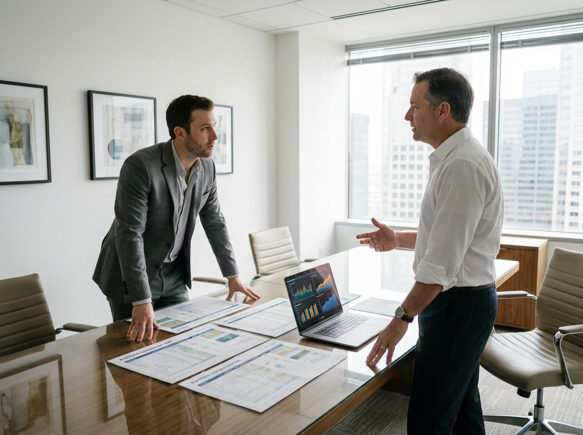 Deux conseillers financiers comparant les performances des SCPI Epsicap Nano et Epsicap Explore lors d'une réunion professionnelle