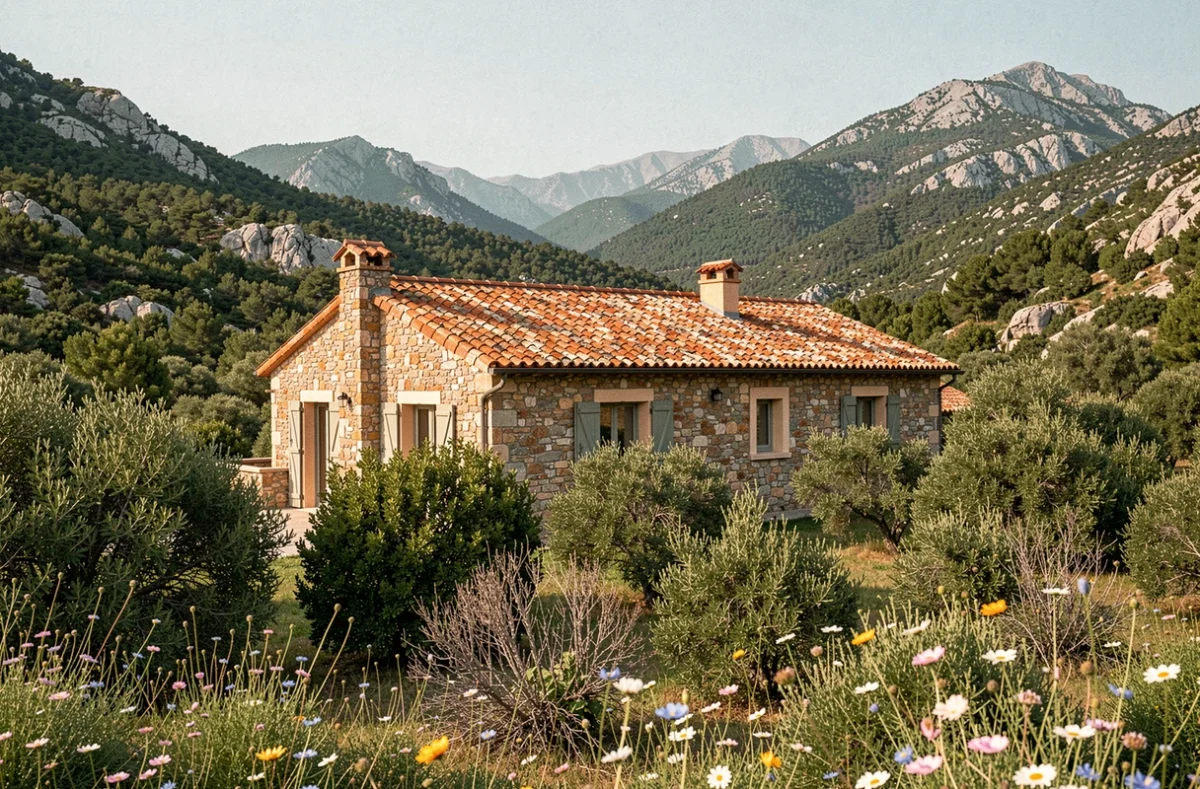 Maison individuelle traditionnelle en pierre de Corse avec vue sur les collines de Haute-Corse