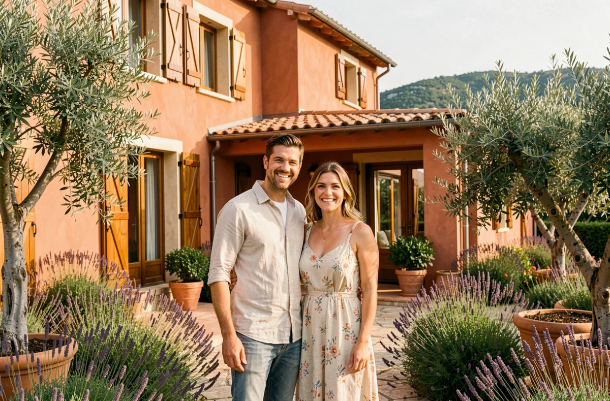 Couple de propriétaires devant leur maison individuelle sur mesure construite par Constructions Fait Maison en Corse