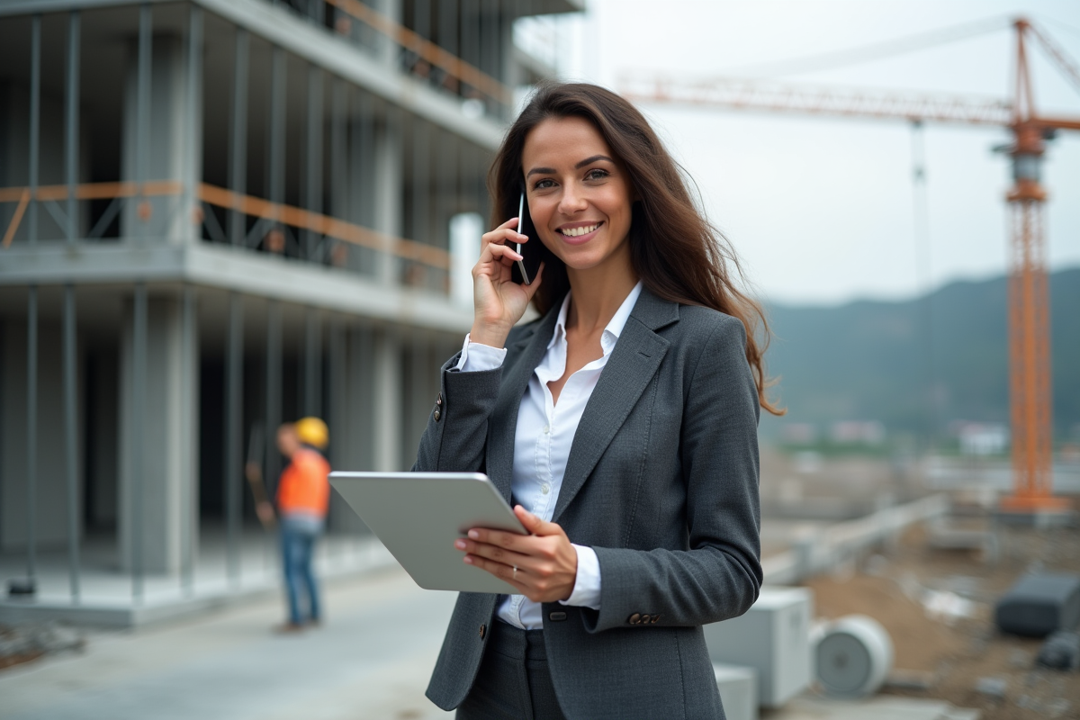 Consultante en construction parlant au téléphone sur un chantier