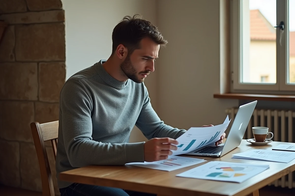 Homme consultant les prix immobiliers de Romans-sur-Isère sur ordinateur et documents dans un appartement