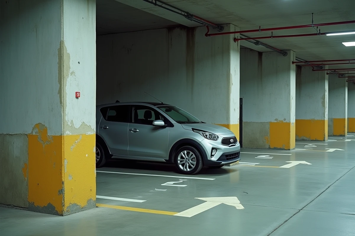 Contrainte technique d'une place de parking souterrain étroite avec poteau en béton et voiture garée