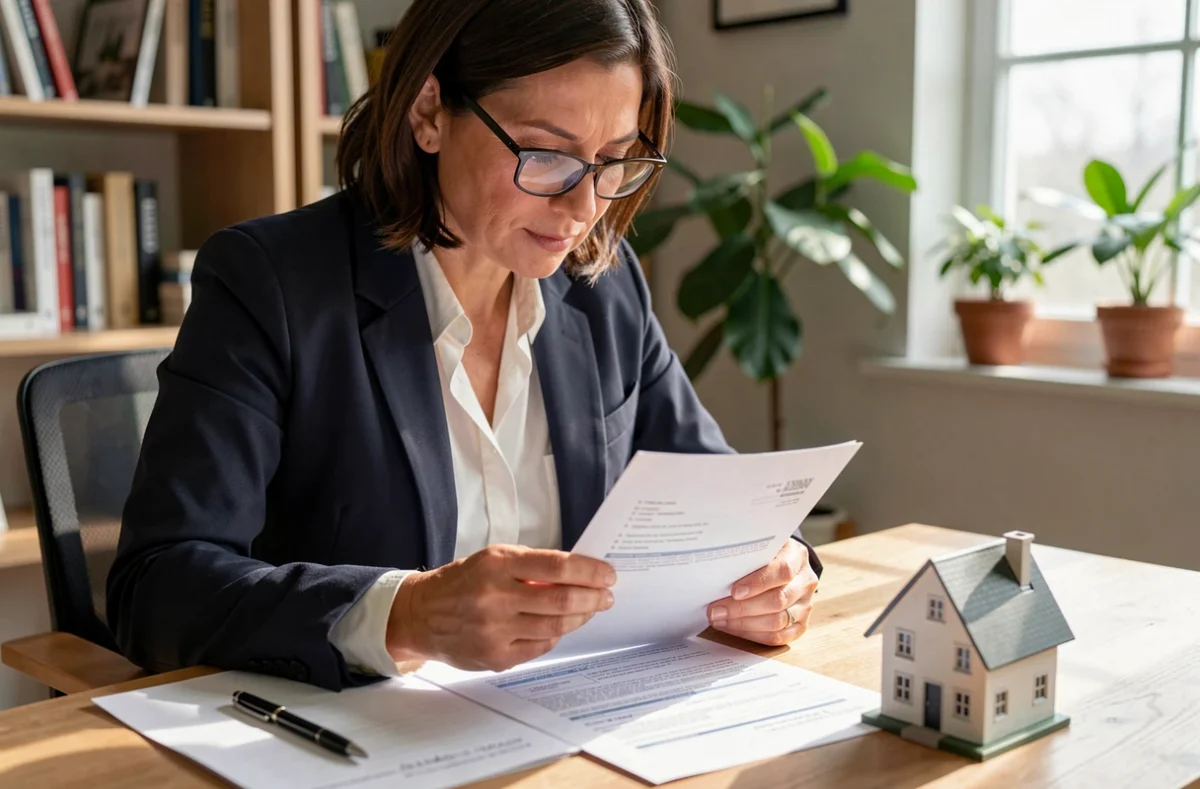 Femme propriétaire examinant un contrat d'assurance habitation pour logement non occupant