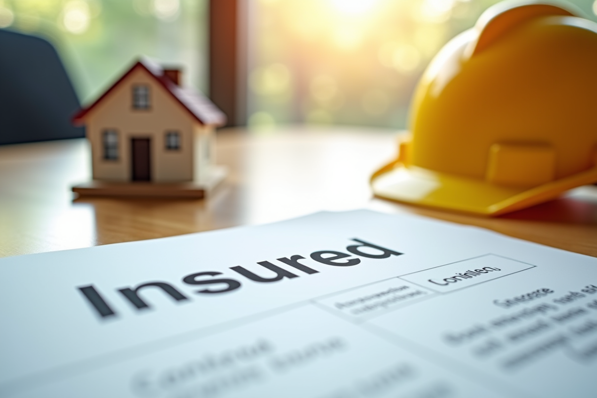 Gros plan sur un contrat de construction marqué assure avec une maquette de maison