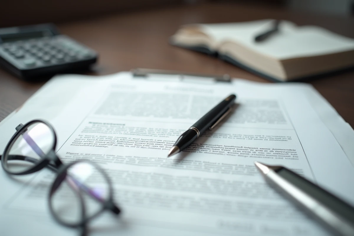 Gros plan sur un contrat immobilier français avec stylo et calculatrice, représentant les frais d'honoraires à la charge du vendeur ou de l'acquéreur selon la loi Alur