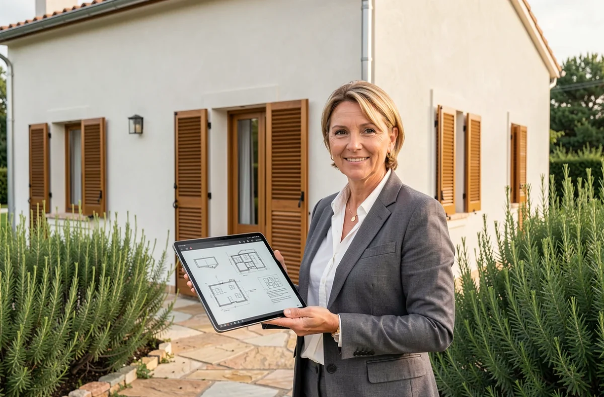 Coordinatrice de projet Copeps devant une maison individuelle moderne livrée clé en main en Haute-Corse