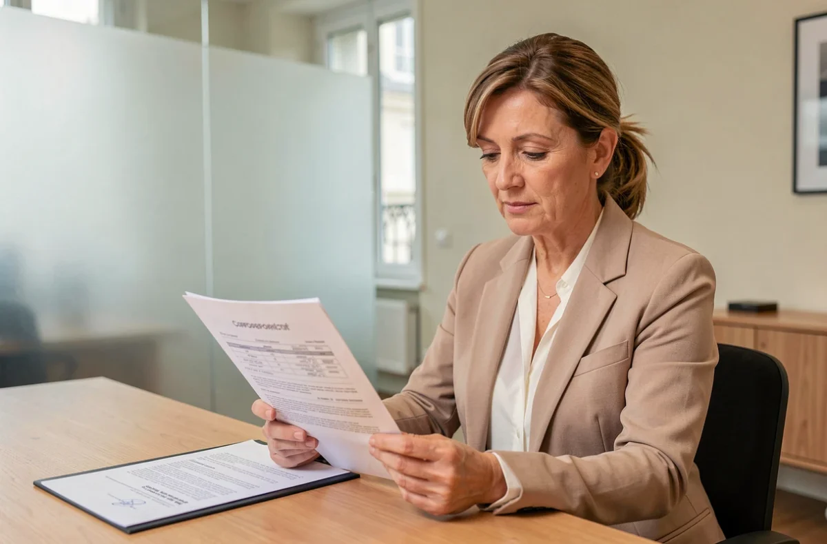 Copropriétaire lisant un extrait du registre de copropriété dans une étude notariale moderne