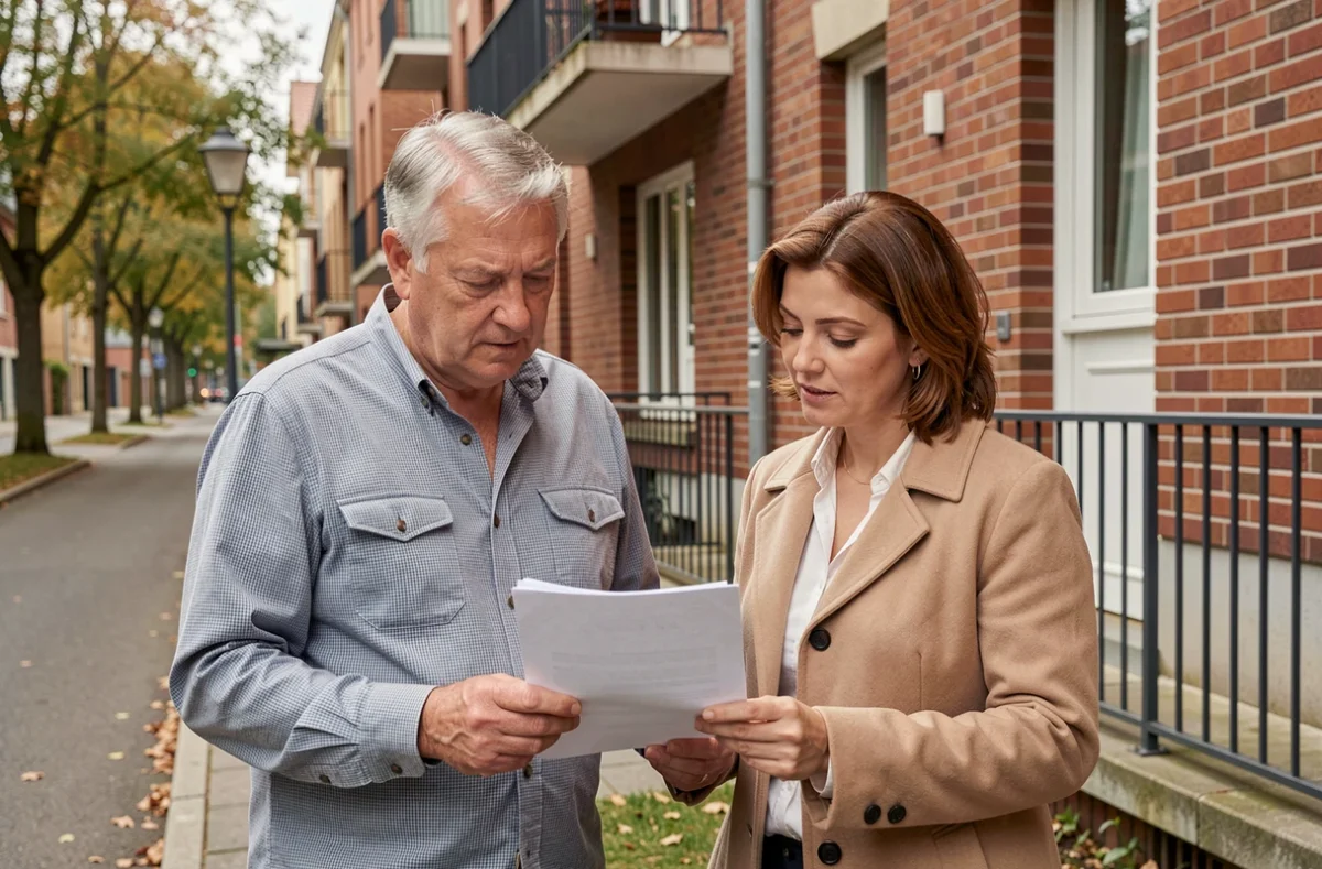 Copropriétaires consultant des documents devant un immeuble en brique dans les Hauts-de-France