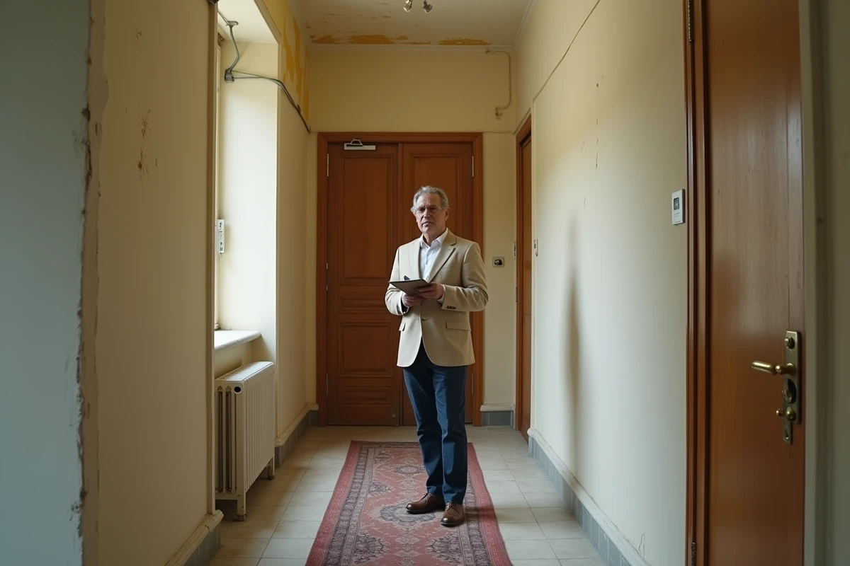 Couloir étroit d'un appartement haussmannien parisien avec agent immobilier, révélant peinture défraîchie, porte rayée et gaine électrique apparente