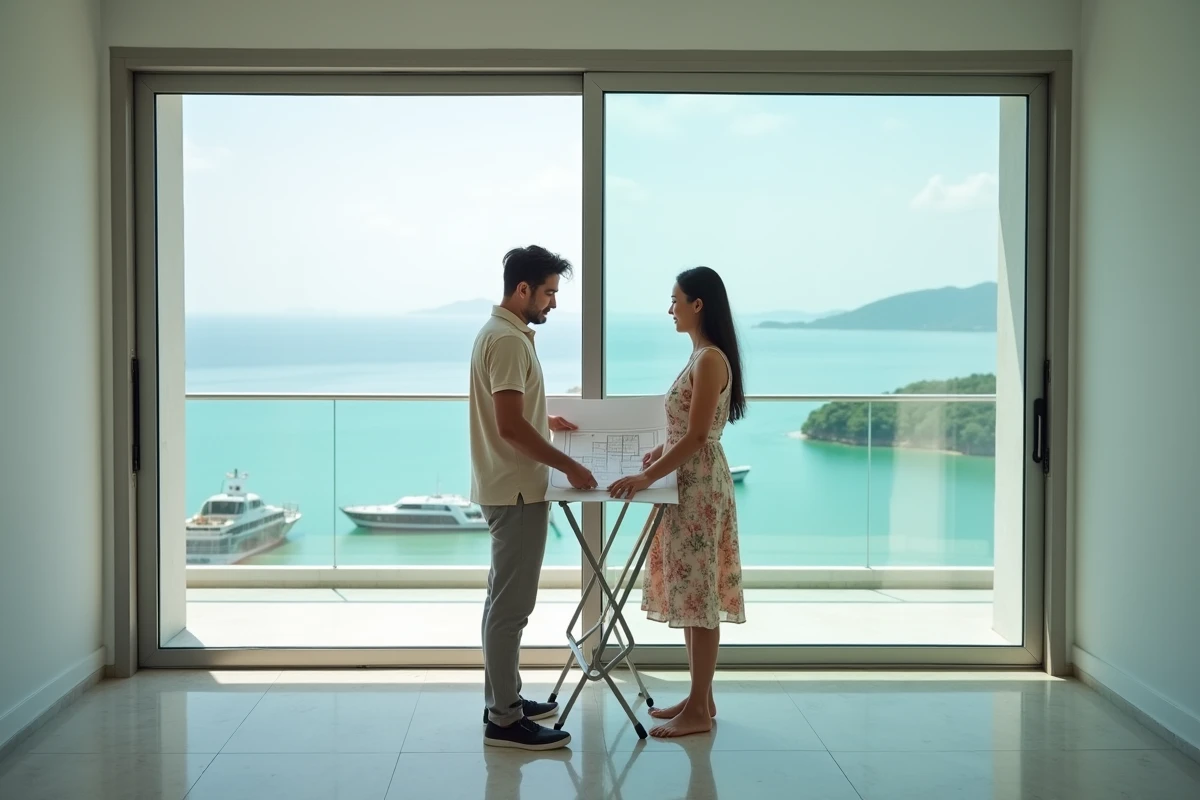 Couple étudiant les plans d'un appartement avec vue mer dans un condominium en Thaïlande