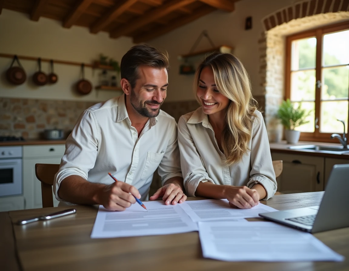Couple étudiant des documents immobiliers pour acheter une maison en Corse du Sud en vue d'un investissement locatif en 2026