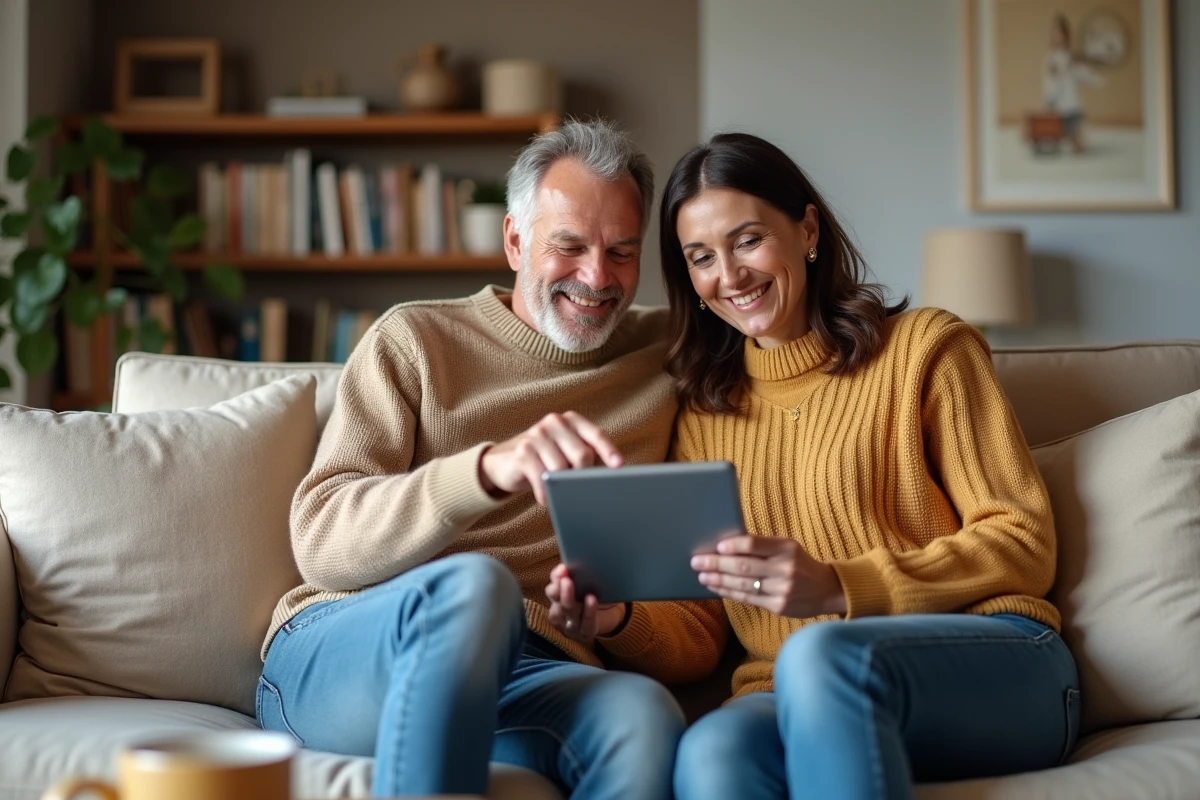 Couple d'acheteurs consultant une visite virtuelle 360 d'une maison sur tablette depuis leur salon