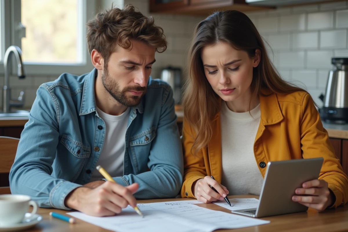Couple analysant des annonces immobilières et des avis sur une plateforme de location comme 123loger dans leur cuisine