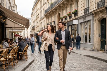 Jeune couple de cadres se promenant dans une rue animée du 3e arrondissement de Paris